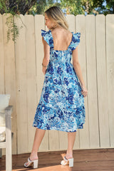 Blue Floral Ruffle Strap Midi Dress