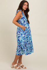 Blue Floral Ruffle Strap Maternity Midi Dress