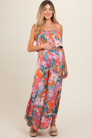 Multi Color Floral Smocked Ruffle Strapless Wide Leg Maternity Jumpsuit