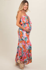 Multi Color Floral Smocked Ruffle Strapless Wide Leg Maternity Jumpsuit