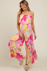 Multi-Color Floral Strapless Ruffle Wide Leg Maternity Jumpsuit