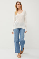 White Knit V-Neck Long Sleeve Top