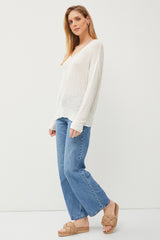 White Knit V-Neck Long Sleeve Top