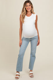 Light Blue Straight Leg Raw Hem Maternity Jeans