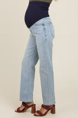 Light Blue Raw Hem Distressed Maternity Straight Leg Jeans