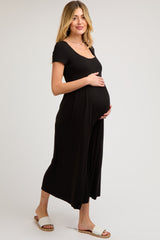 Black Short Sleeve Pocketed Maternity Jumpsuit