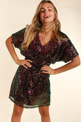 Black Multi Dolman Short Sleeve Multi Color Sequins Dress