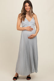 Silver Pleated Back Cutout Tie Maternity Maxi Dress