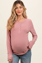 Mauve Button Front Soft Knit Long Sleeve Henley Maternity Top