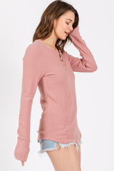 Mauve Button Front Soft Knit Long Sleeve Henley Top