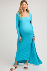 Aqua Ribbed Sleeveless Dress Cardigan Maternity Set