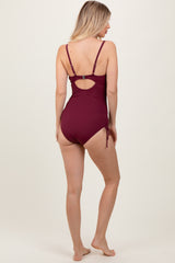 Plum Ribbed Wrap Front Drawstring Side One-Piece Swimsuit