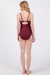 Plum Ribbed Wrap Front Drawstring Side One-Piece Swimsuit