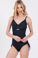 Navy Ribbed Wrap Front Drawstring Side Maternity One-Piece Swimsuit