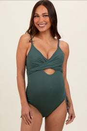 Olive Ribbed Wrap Front Drawstring Side Maternity One-Piece Swimsuit