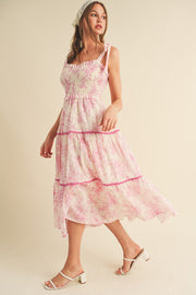 Pink Floral Sleeveless Ruffle Tiered Midi Dress