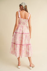 Pink Floral Sleeveless Ruffle Tiered Midi Dress