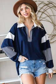 Navy Stripe Colorblock Collared Top