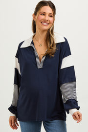 Navy Stripe Colorblock Collared Maternity Top