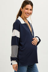 Navy Stripe Colorblock Collared Maternity Top