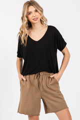 Black Short Dolman Sleeve V-Neck Top