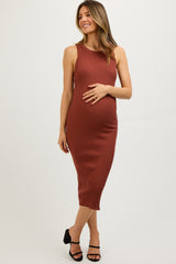 Rust Sleeveless Ribbed Maternity Midi Dress