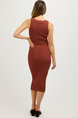 Rust Sleeveless Ribbed Maternity Midi Dress