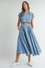 Blue Chambray Crop Top and Skirt Set