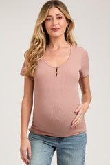 Mauve Ribbed Short Sleeve Button Maternity Top