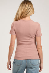 Mauve Ribbed Short Sleeve Button Maternity Top