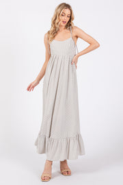 Beige Striped Tie Strap Maxi Dress