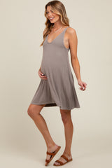 Taupe Ribbed Sleeveless Front Seam Maternity Dress