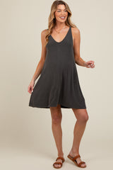 Charcoal Ribbed Sleeveless Front Seam Maternity Dress