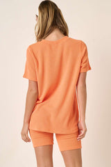 Orange Rib Knit T-Shirt And Biker Short Set