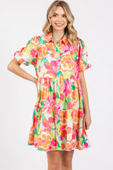 Fuchsia Floral Collared Button Up Tiered Maternity Dress