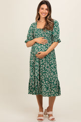 Green Square Neck Smocked Maternity Dress