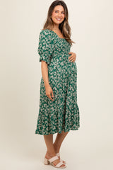 Green Square Neck Smocked Maternity Dress