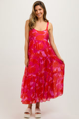 Fuchsia Leaf Print Sleeveless Tiered Maternity Midi Dress