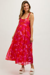 Fuchsia Leaf Print Sleeveless Tiered Maternity Midi Dress