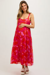 Fuchsia Leaf Print Sleeveless Tiered Maternity Midi Dress