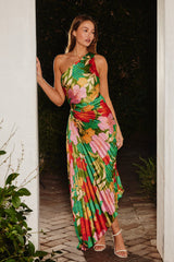 Multicolor Floral Satin Pleated One Shoulder Maxi Dress