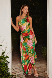 Multicolor Floral Satin Pleated One Shoulder Maxi Dress