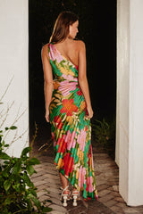 Multicolor Floral Satin Pleated One Shoulder Maxi Dress