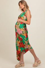 Multicolor Floral Satin Pleated One Shoulder Maternity Maxi Dress