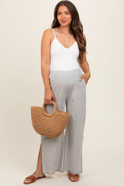 Heather Grey Striped Linen Slit Hem Maternity Pants