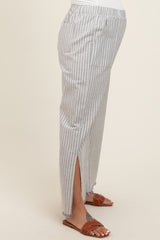 Heather Grey Striped Linen Slit Hem Maternity Pants