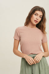 Light Pink Ribbed Short Sleeve Curved Hem Top