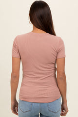 Light Pink Ribbed Short Sleeve Curved Hem Maternity Top