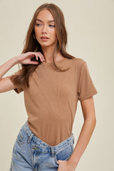 Camel Ribbed Short Sleeve Curved Hem Top