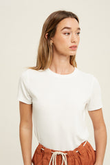 White Ribbed Short Sleeve Curved Hem Top